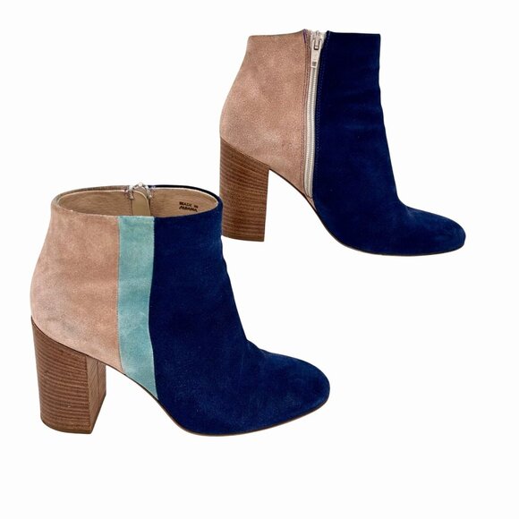 PAOLA FERRI BLUE BEIGE COLORBLOCK SUEDE ANKLE BOOTS W/ SIDE ZIPPER SZ 39 (8.5) - Picture 3 of 12